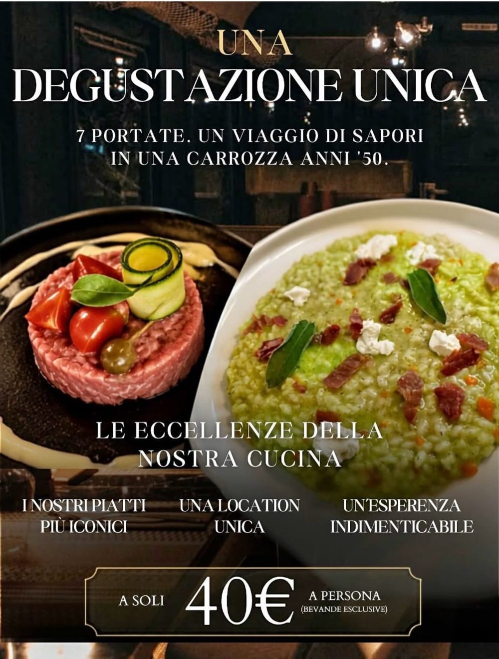 Tartare di fassona e risotto con crema di zucchine, due piatti del menu degustazione